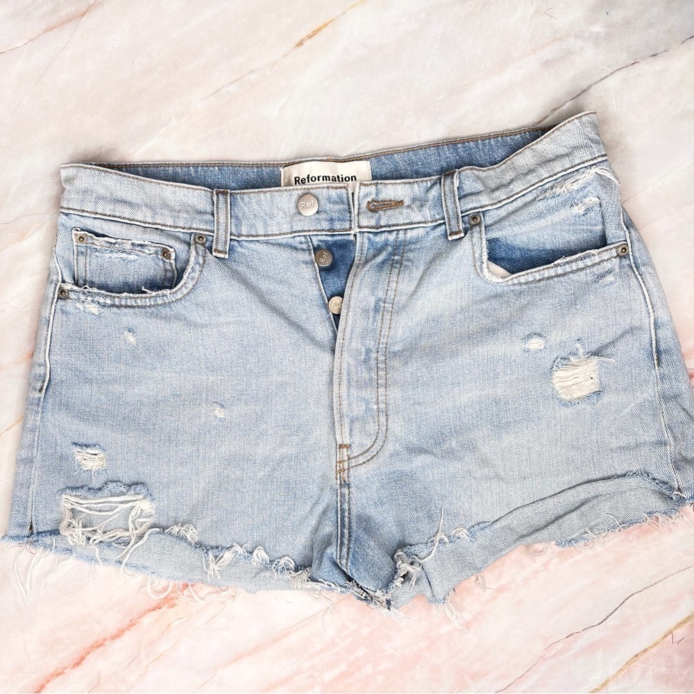 Reformation Light Blue Distressed Denim Shorts